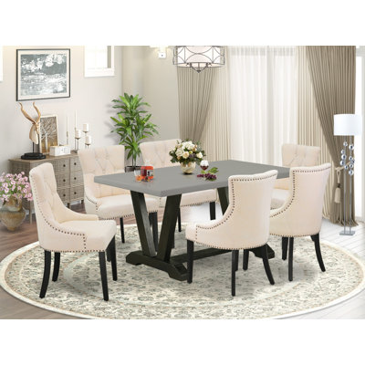 7-Pc Dining Table Set – 6 Light Beige dining room chairs with Button Tufted and Cement Kitchen Table - Wire Brushed Black Finish