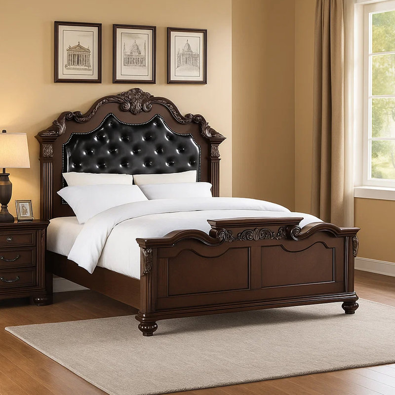 Geovany King Size Bed, Tufted Faux Leather Upholstery, Brown Baroque Style, Dark Walnut, King