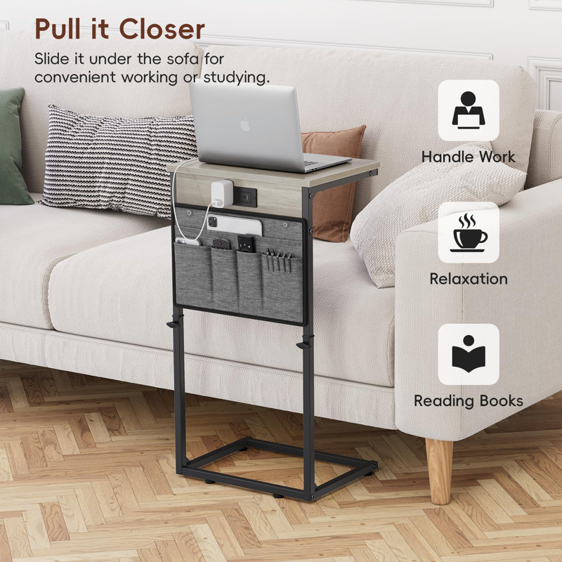 C Shaped End Table With Charging Station, 33" Tall Side Table For Couch, C Table Adjustable Height Small Couch Side Table, Slide Under Sofa Table TV Tray Arm Table For Living Room, Greige