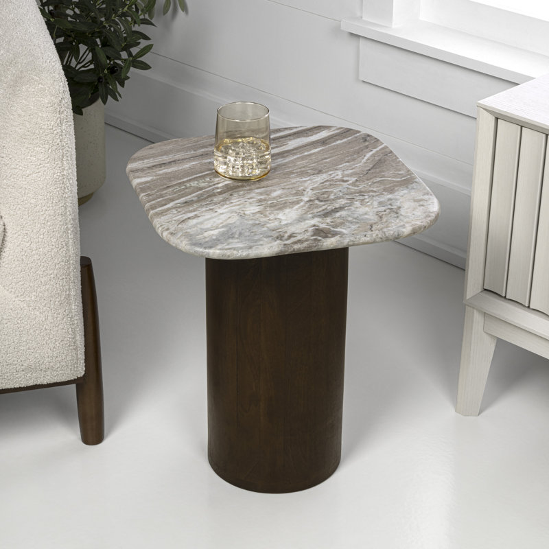 Milos 18" Modern Natural White Marble Square Top End Table, Walnut Wood Cylinder Pedestal Base Accent Side Table for Living Room