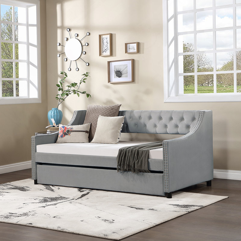 Upholstered Daybed with Trundle, Wood Frame with Tufted Buttons and Copper Nails, Light Grey