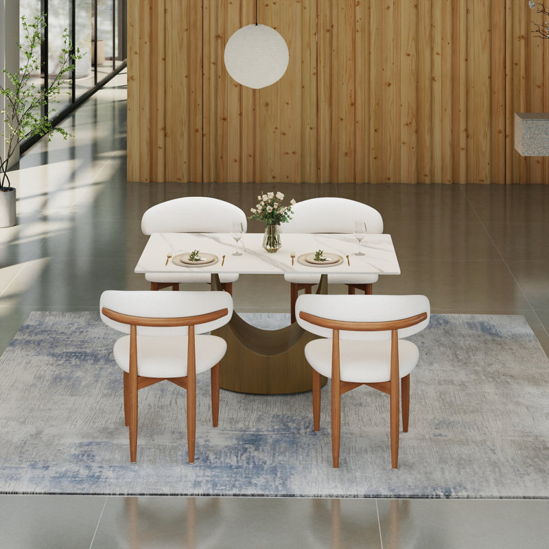 Fairy 5-Piece Modern Rectangular Sintered Stone Dining Table Set With 4 Solid Wood Chairs, Brown, Snow White