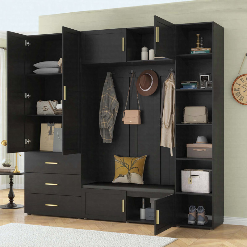 American Style 4-in-1 Hall Tree with Padded Bench, Adjustable Shelves and Coat Rack Hooks, Antique Black