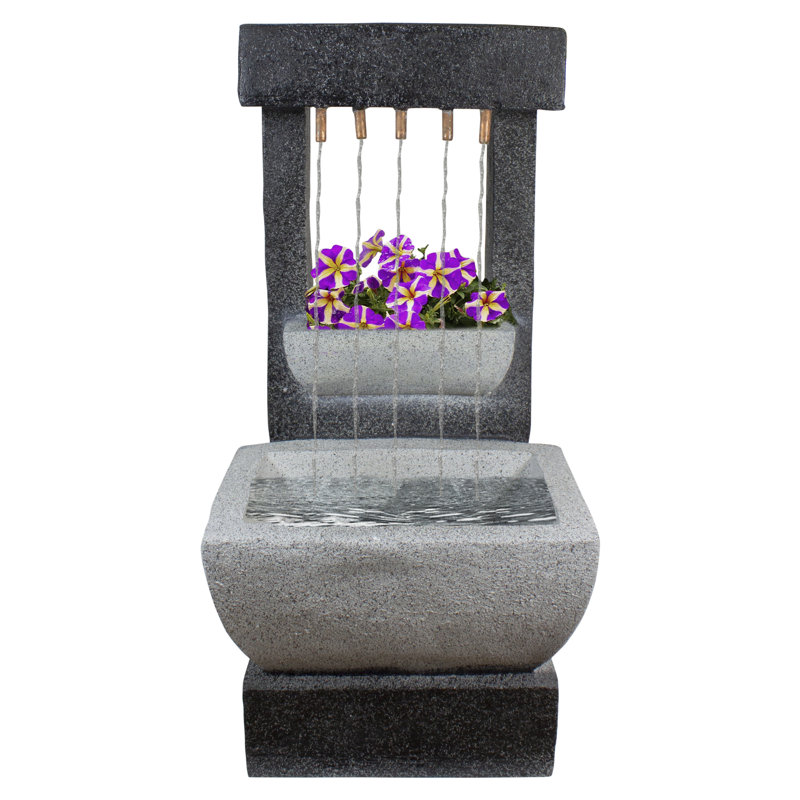 Gray Polystone LED Lighted Rainfall Outdoor Fountain with Planter