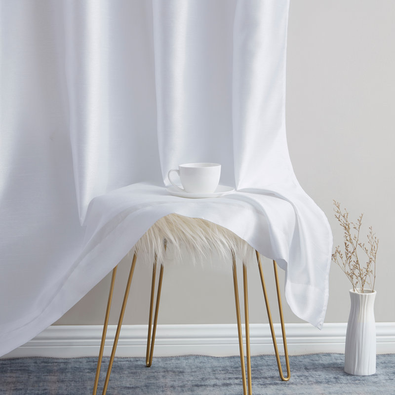White Faux Silk Semi Sheer Grommet Window Curtain Panels