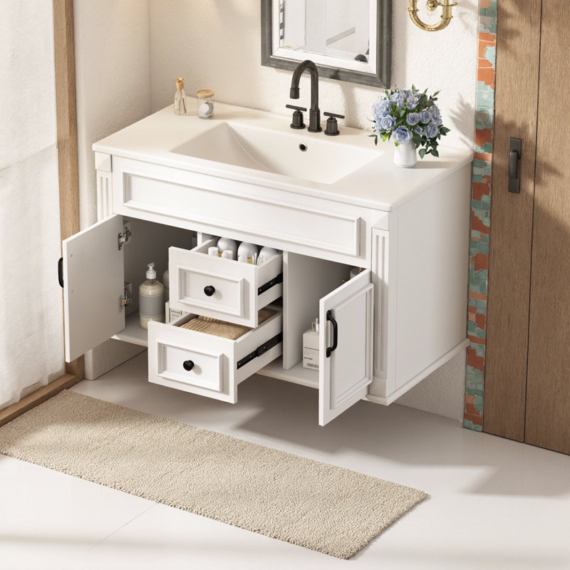 Armoire de salle de bain murale avec lavabo en céramique et style simple français, Blanc