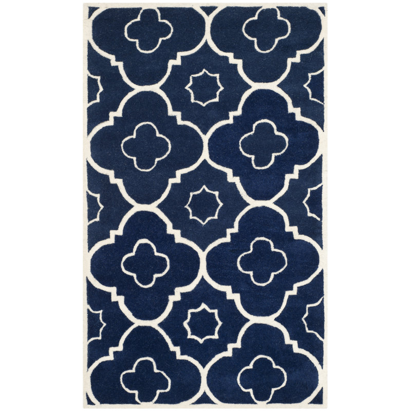 Tapis bleu foncé / ivoire en laine touffeté à la main Carolene, Rectangle 3 pi x 5 pi