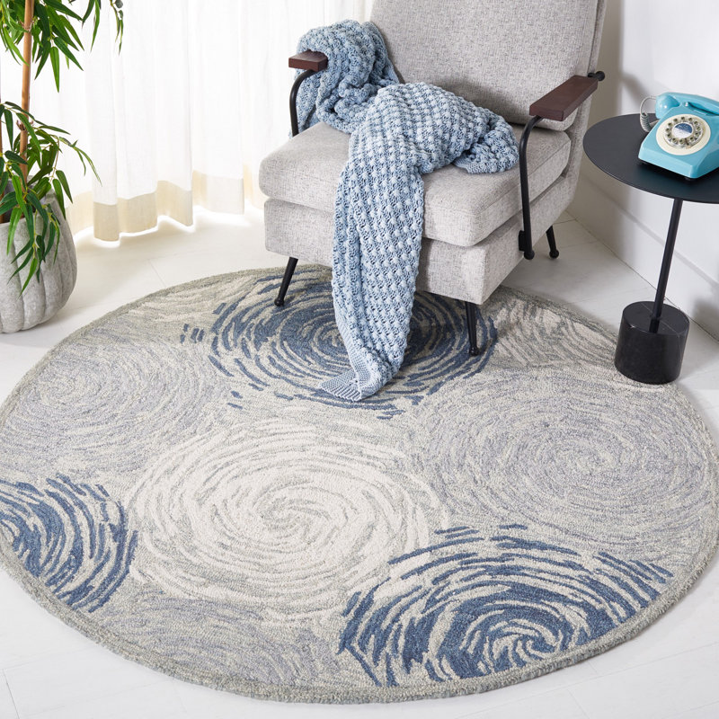 Micro-Loop Hand Tufted Wool/Cotton Geometric Rug in Ivory/Blue, Round 5'