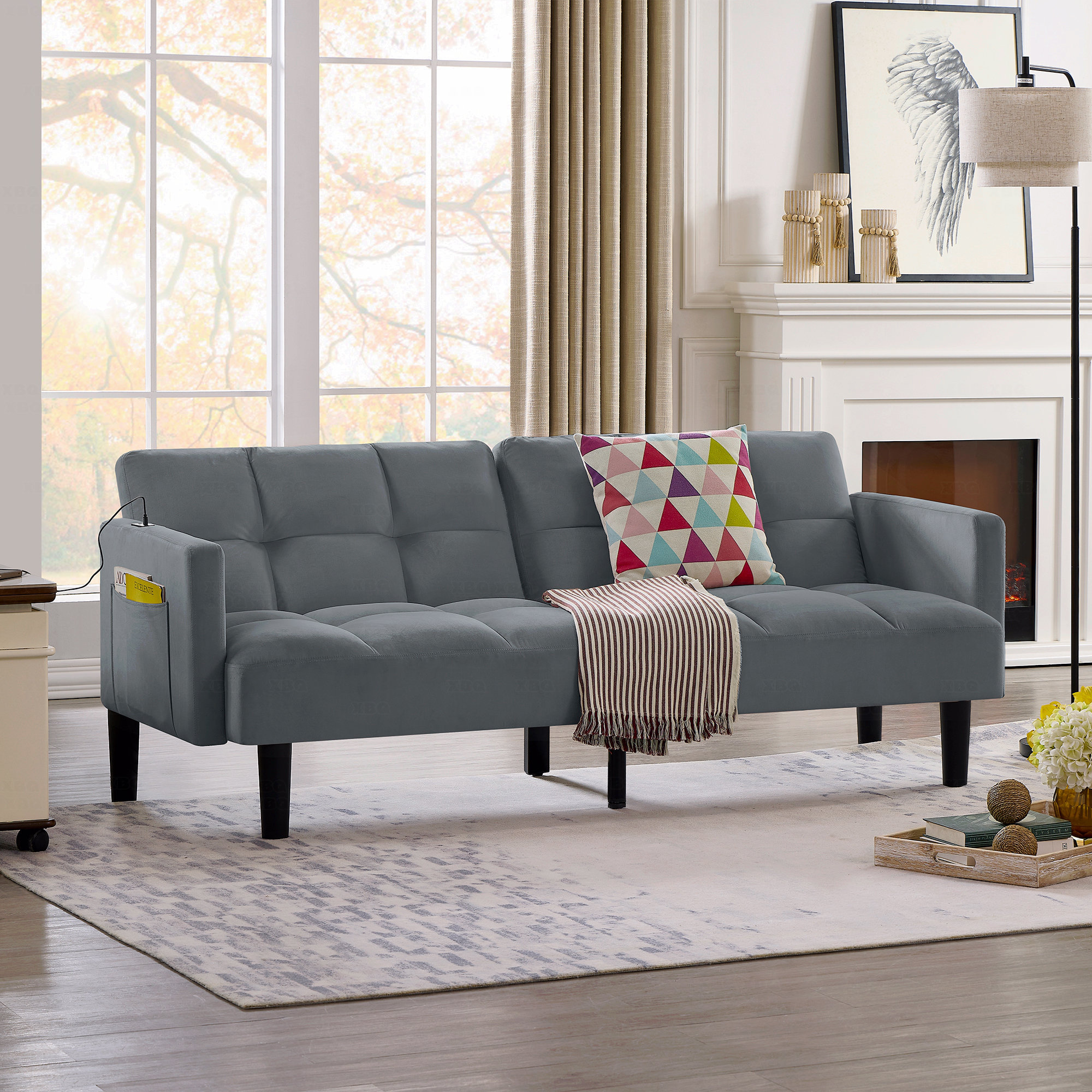 Ebern Designs Velvet Futon Couch Convertible Folding Sofa Bed Tufted ...