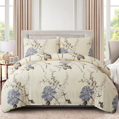 Marina Decoration Home Bedding Bedroom essentials Cooling Soft Zipper All Season 3 Pieces Rayon from Bamboo Printed Duvet Cover Set with 2 Pillowcases, Blue Chrysanthemum Floral Pattern Queen Size