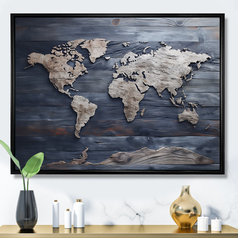 Carte du monde rustique - impression de décoration murale carte du monde, Cadre flottant noir, H 24 po x l 32 po x P 1 po