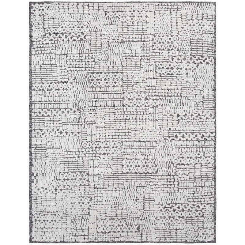Tapis ivoire moderne à motif géométrique en laine noué à la main, 9 pi x 12 pi