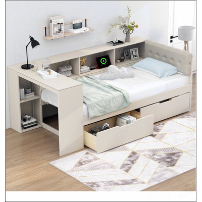 Wood Twin Size Platform Bed With Storage Shelves, Drawers, Charging Station And Upholstered Headboard, Cream