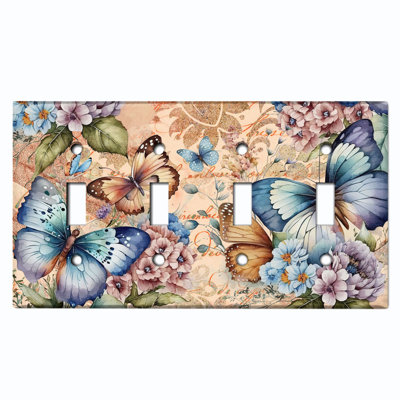 Plaque murale à 4 interrupteurs à bascule Butterfly Rose Flowers