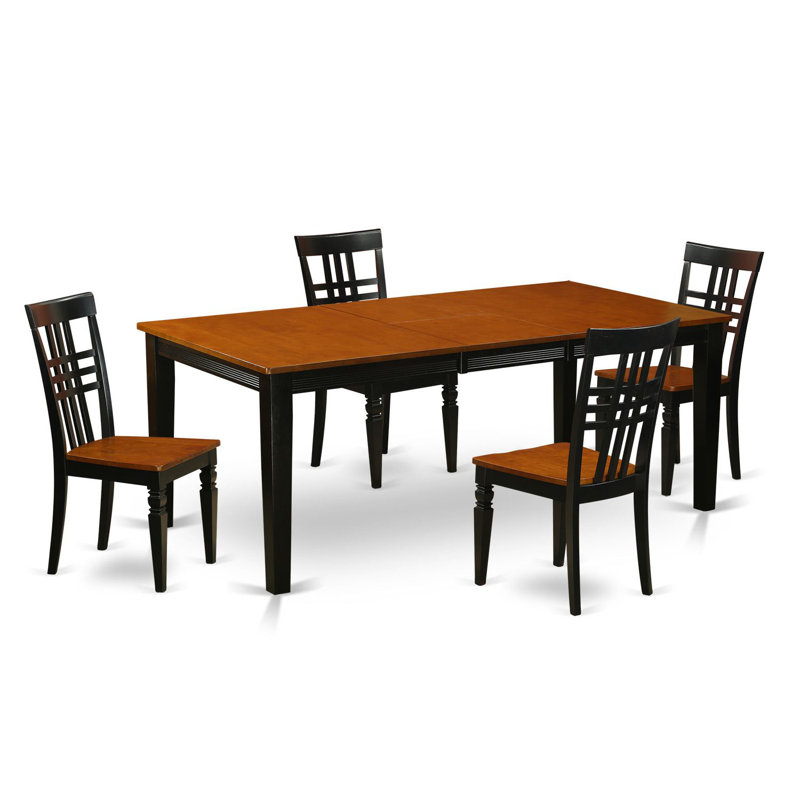 Ensemble de 5 tables de cuisine pour 4 personnes comprenant une table de salle à manger rectangulaire avec rallonge papillon et 4 chaises en bois massif, noir et cerisier