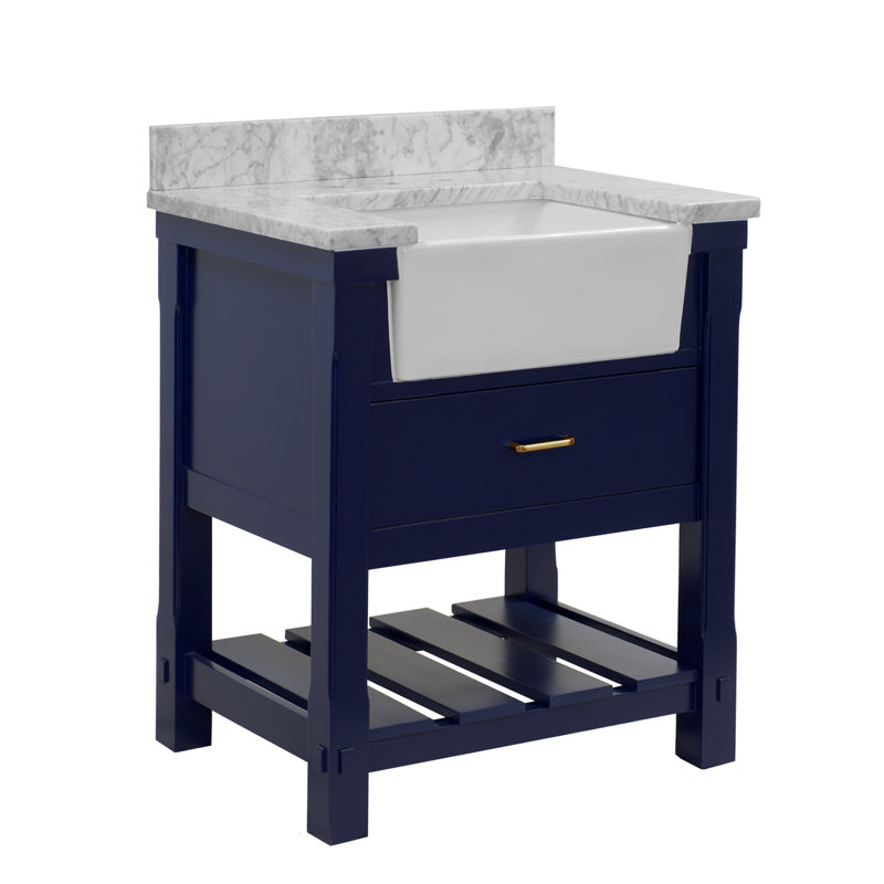Hitton 30'' Single Bathroom Vanity with Top, Royal Blue, Carrara Marble
