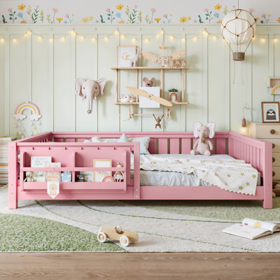 Queen Size Kids Floor Bed With Fence And Built-In Bookshelf,Queen Size Montessori Floor Bed With Slats And Safety Guardrail,Easy Assemble Montessori Beds For Kids,Pink