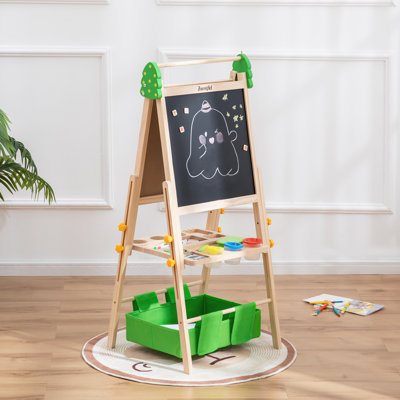 Kids Art Easel with Storage Drawer & Paper Roll – Adjustable Wooden Double Sided Magnetic Easel for Kids Chalkboard Whiteboard Toddler Easel for Boys Girls Ages 3+