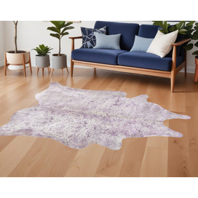 Tapis gris et rose en peau de vache noué à la main 5 pi x 7 pi