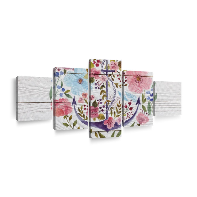 Ancre florale ancre sur toile, reproduction de 5 pièces, H 24 po x l 55 po x P 1,25 po