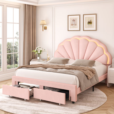 Burlyn Upholstered LED Bed Frame with Drawer & Adjustable Headboard