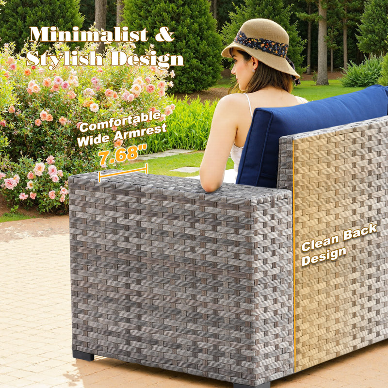 Bobia 7-Piece Modular Outdoor Sectional Sofa Set with 42'' Fire Pit Table, L-Shaped Patio Conversation Set for 5, Navy Blue
