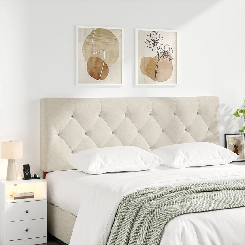 Adjustable Height Upholstered Headboard,Foldable Full Beige, Beige, Full