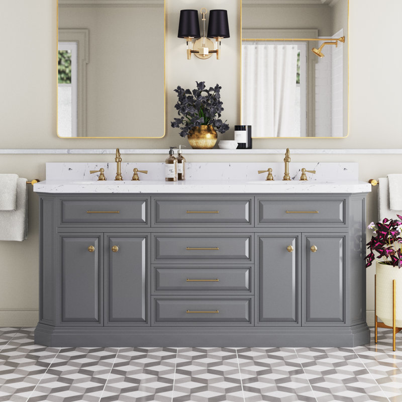 Ensemble de meuble-lavabo double 72 po Bruning, Gris cachemire, Laiton satiné