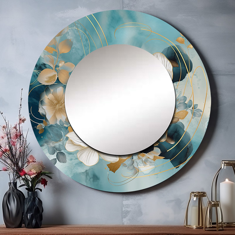 Radee Blue Marble Gold Floral Impressions IV - grand miroir floral, décor de miroir mural rond bleu unique, impression d'art en métal