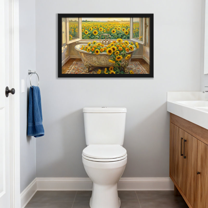 Scène de champ tournesol et baignoire, H 12 po x l 18 po, Single Picture Framed, Light Wood Grain