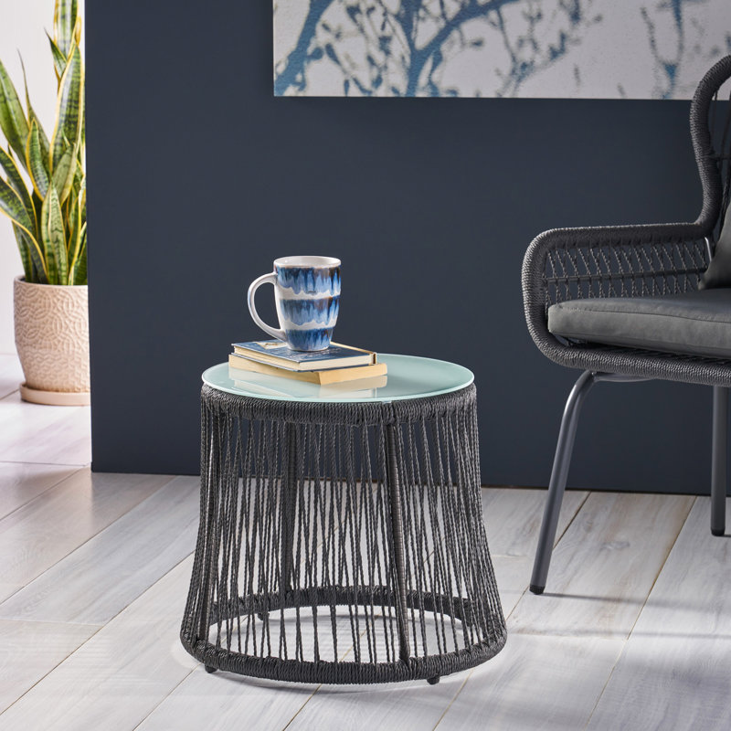 Style Table - Structure en corde texturée et fer robuste, surface en verre trempé, meubles de patio, facile à ranger, profondeur 19,17 po x largeur 15,84 po, côté chic avec cadre et plateau, accent, nettoyage, 15,84 po