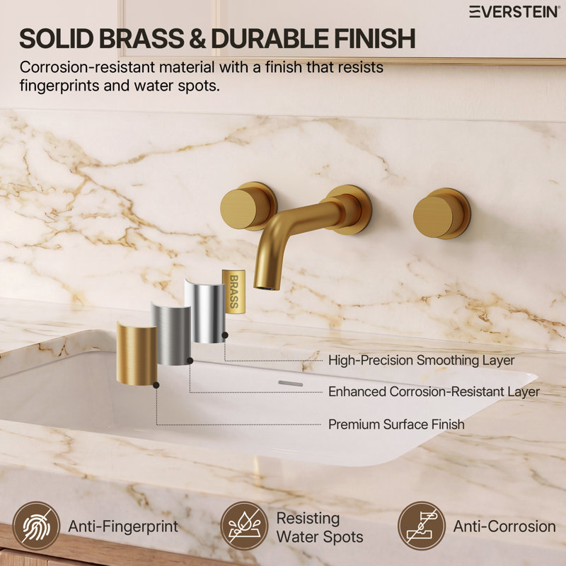 Wall Mounted Bathroom Faucet 3 Hole,2-Handle Bathroom Sink Faucet with Drain Assembly, Brushed Gold, Brushed Gold