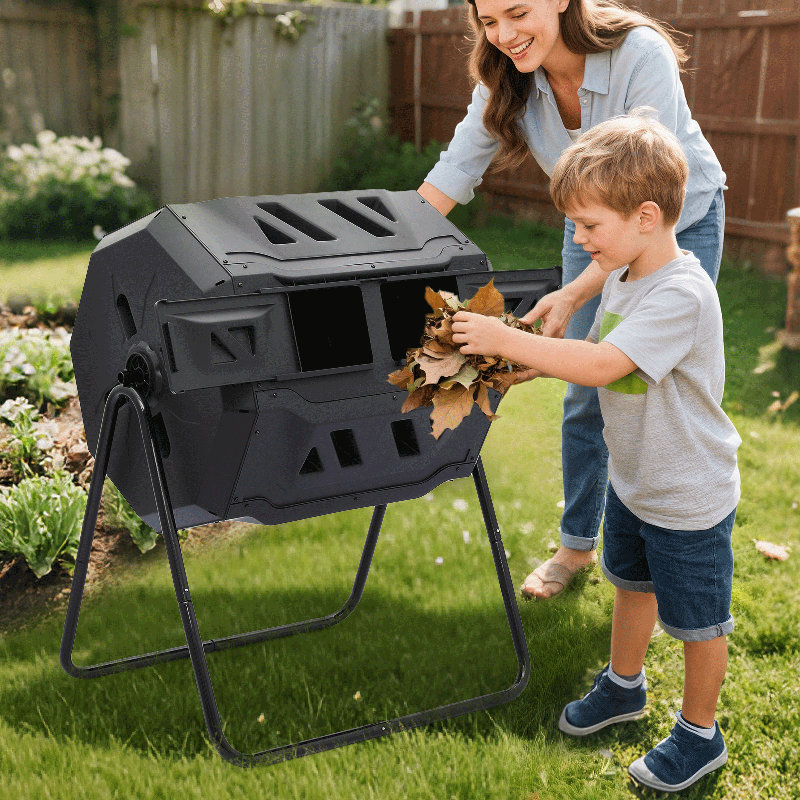 43 Gallon Dual Chamber Compost Tumbler, Outdoor Tumbling Rotating Compost Bin Tumbling Composter