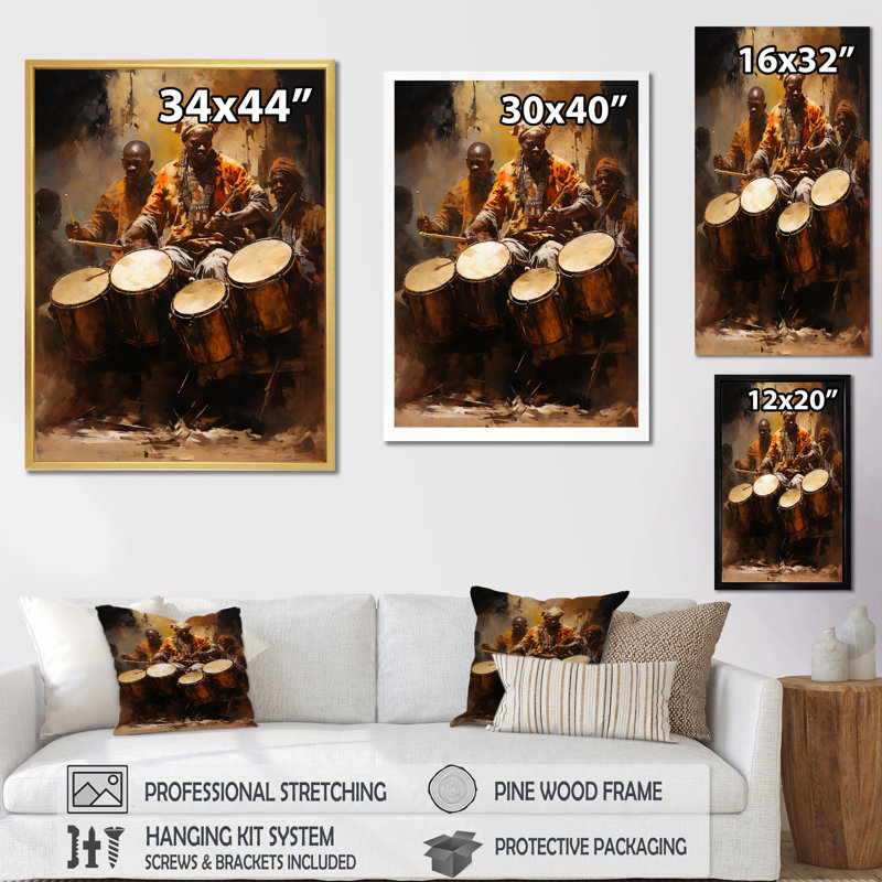 Drame traditionnel africain II sur toile, Cadre simple noir, H 44 po x l 34 po x P 1,5 po