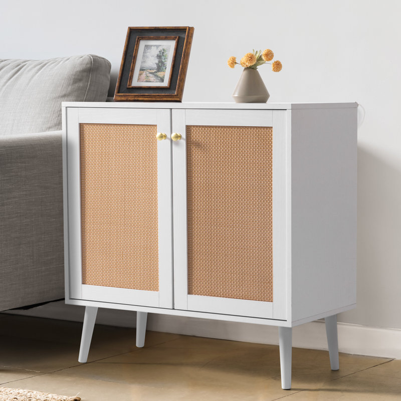 Accent Storage Cabinet With Rattan Doors Of 2, Sideboard Buffet Cabinet, Wood Grain Coffee Bar Cabinet, Entryway Cabinet, Adjustable Shelves For Dining Room, Kitchen, Hallway, Living Room, White
