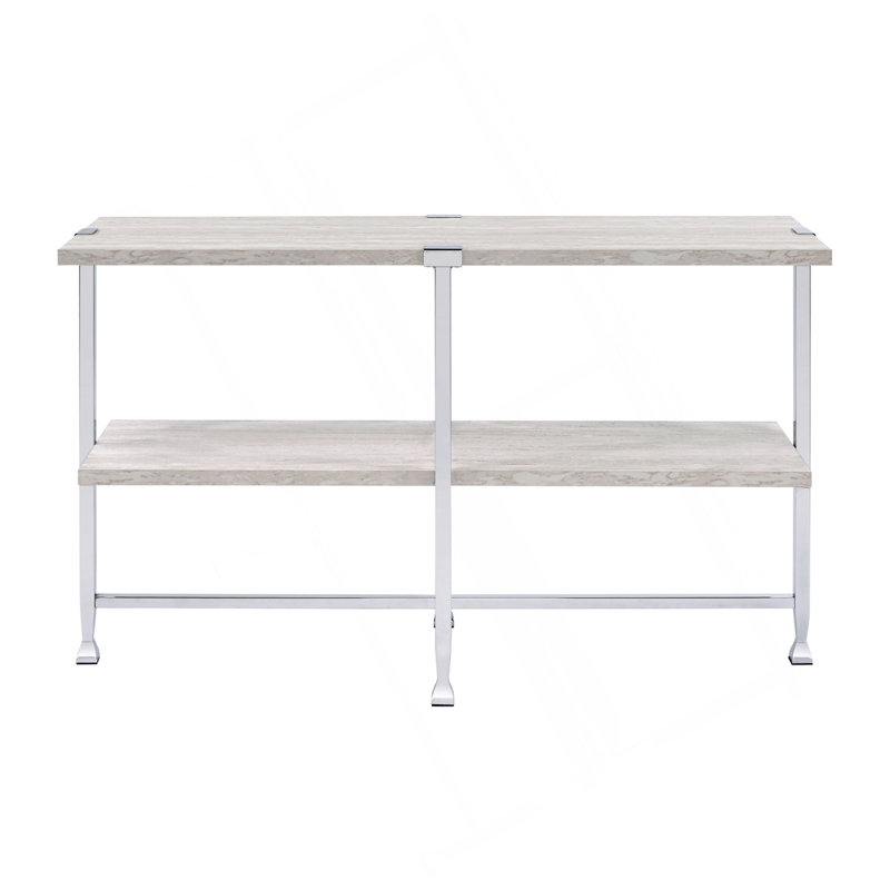 Table de canapé demi-lune avec support de traverse, chêne blanc et chrome