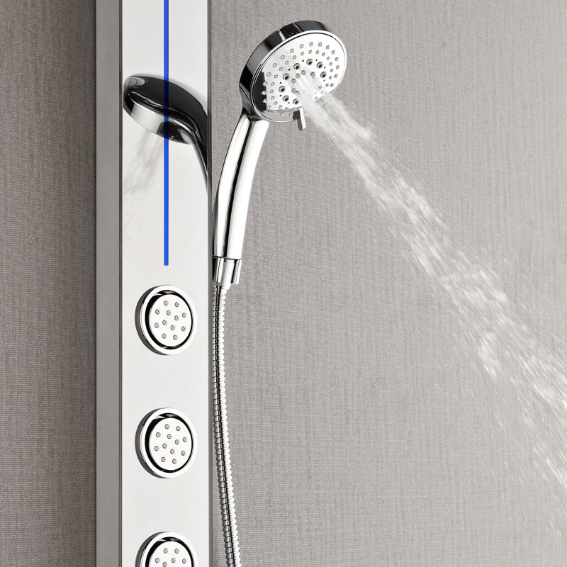 Panneau de douche FORNO ACQUA AcquaSPA avec SensoTEMP, finition en acier inoxydable miroitant, douche de pluie, pomme de douche à main, jets de corps, débit de 2,5 GPM