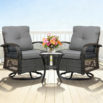 3 Pieces Outdoor Swivel Rocker Patio Chairs with Cushions，Outdoor Swivel Rocking Chairs Set of 2 with Rattan Side Table，360 Degree Swivel Seat Patio Furniture Set for Outside