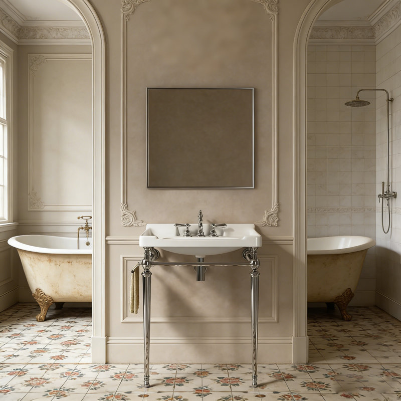 Meuble-lavabo 28 po avec console en métal, Blanc, Argent, 28"