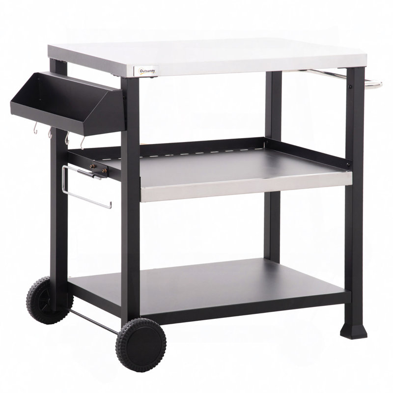 Three-Shelf Outdoor Grill Cart With Stainless Steel Tabletop, Side Handle, Multifunctional Pizza Oven Stand, Movable Food Prep Table On Wheels, Black