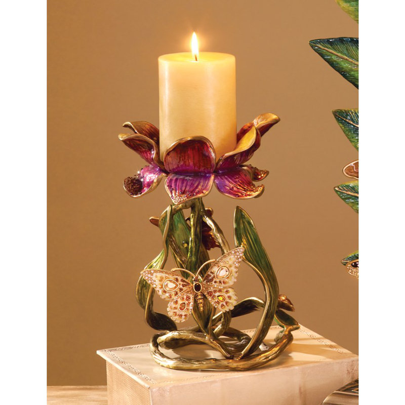 Elegant 9" Brass & Pewter Pillar Candle Holder with Swarovski Crystals