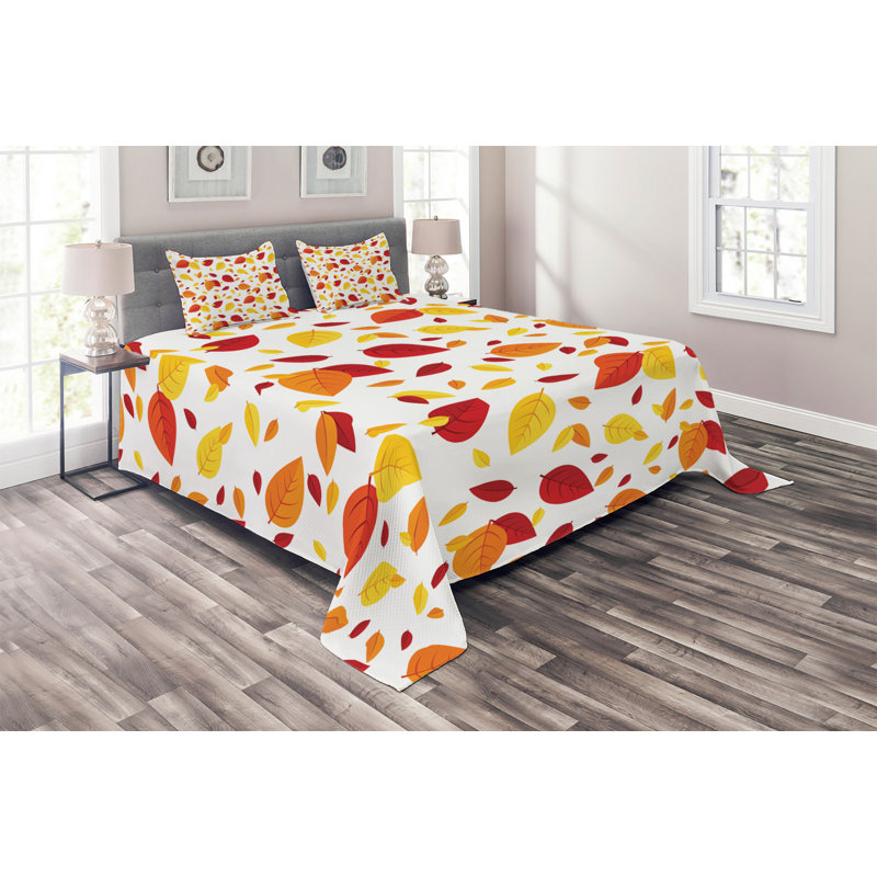 Floral Coverlet, Orange Leaf, King Bedspread + 2 Shams