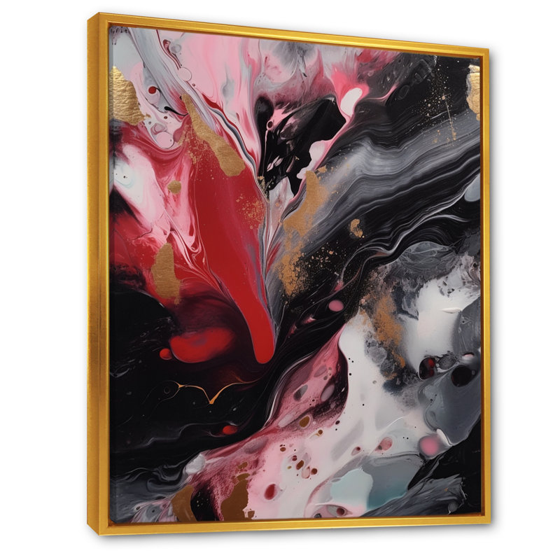 «Red and Black Marble Whispers IV», art abstrait sur toile marbrée, H 20 po x l 12 po x P 1 po, Cadre flottant doré