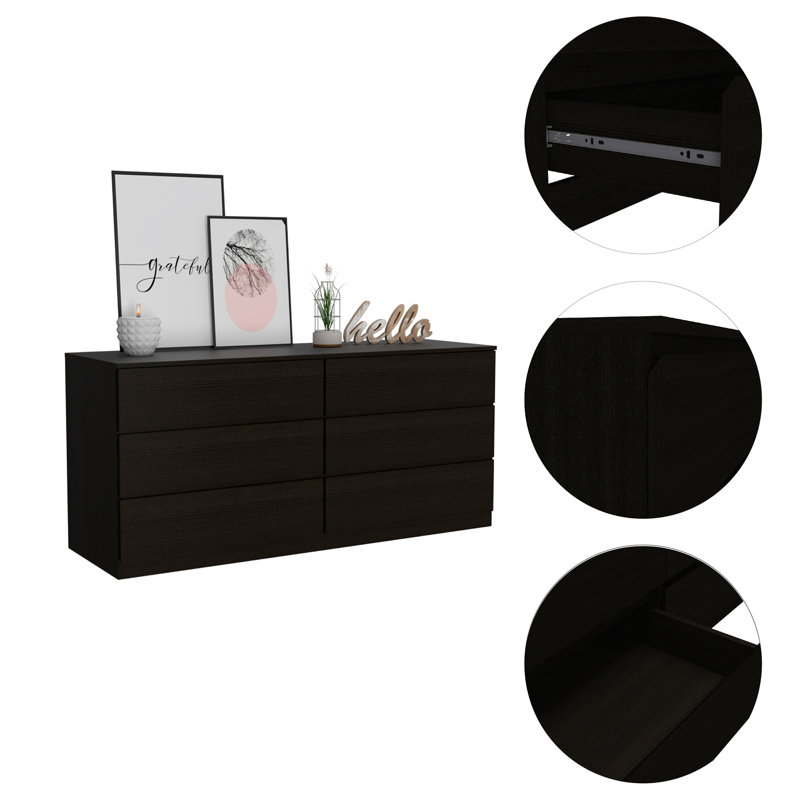 Commode double 6 tiroirs, plateau supérieur, noir, Noir