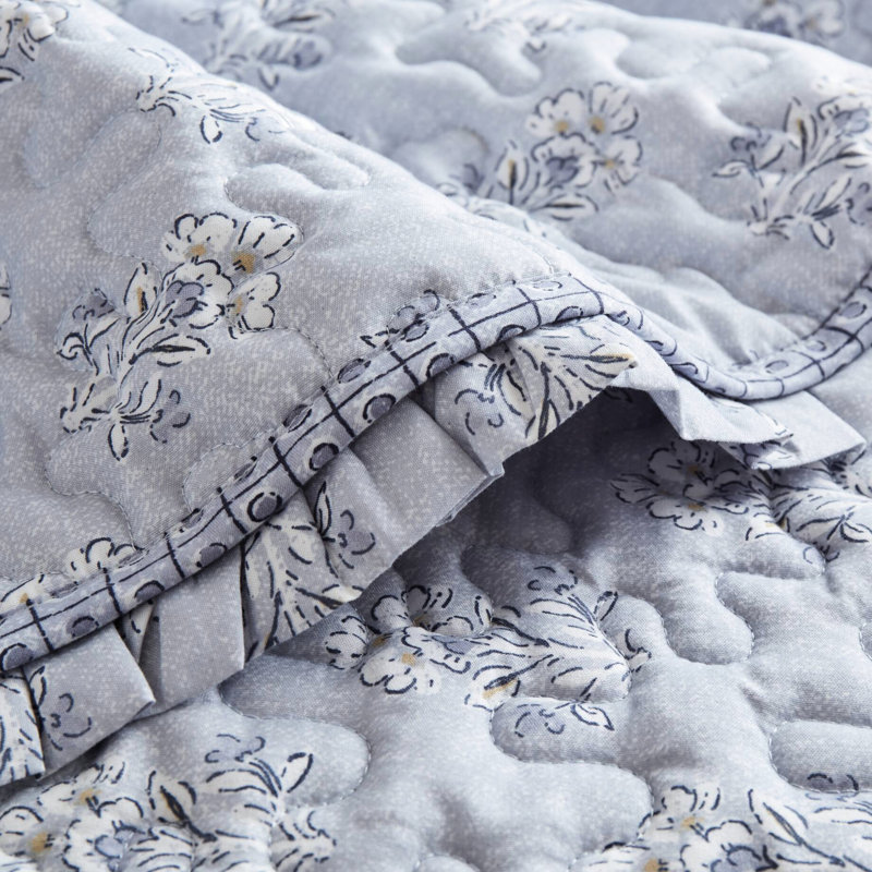 3 courtepointe à volants à imprimé grand bleu, 2 volants doubles pour une chambre à coucher élégante, une microfibre ultra-lisse, une bourre de 150 g / m², une taie décorative assortie