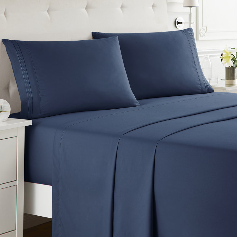  Ensemble de draps double brossé de luxe pour hôtel avec draps et taies d'oreiller très doux, Bleu marine, Très grand séparé