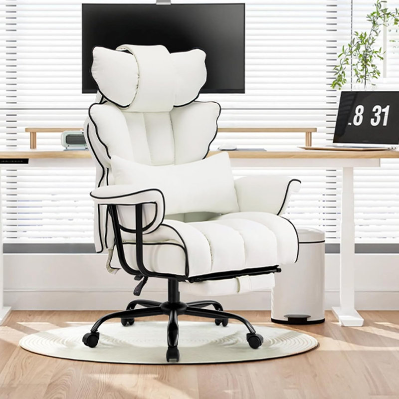 Faux Leather Upholstered High Back Executive Office Chair with Headrest & Lumbar Support, White