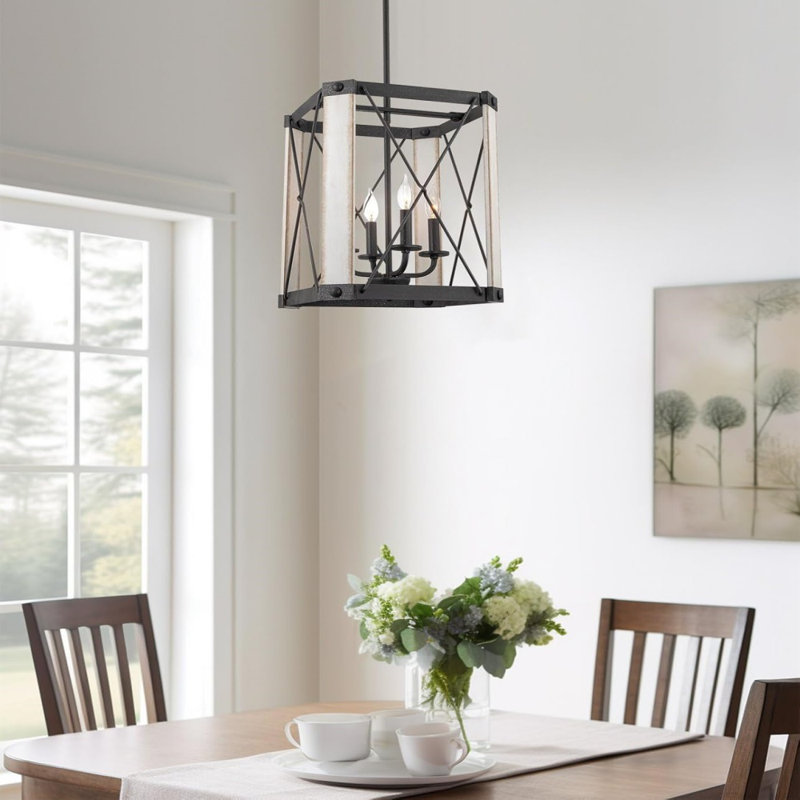 19" 4-Light Modern Farmhouse Pendant Light, Metal Wire Cage Hanging Lantern, White Ash Wood Finish + Textured Black Finish