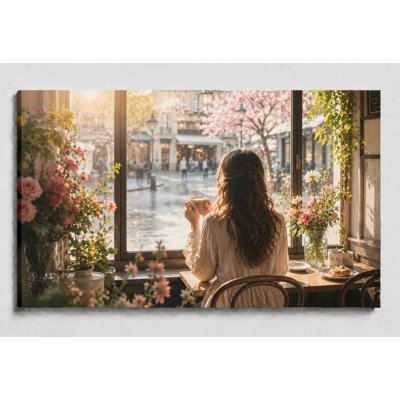 Large Cozy Cafe Window Wall Art Canvas Print Romantic Floral Coffee Shop Photography Shabby Chic Decor for Kitchen Dining Room 24x36 Inch Canvas Print - Ready to hang