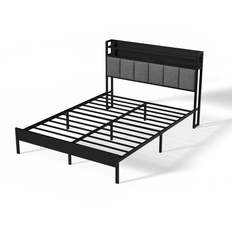 Easy Assembly Full Size Bed Frame With Led Light &charging Station, Metal Platform Bed With 2-tier Shelves & Under Bed Storage, Upholstered Headboard&footboard, Noise Free, Black + Gray